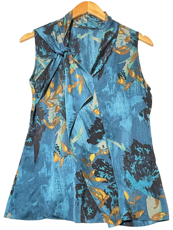 Elie Tahari Tops - Elie Tahari Blue Abstract Floral Faux Tie Neck Shell Blouse Medium